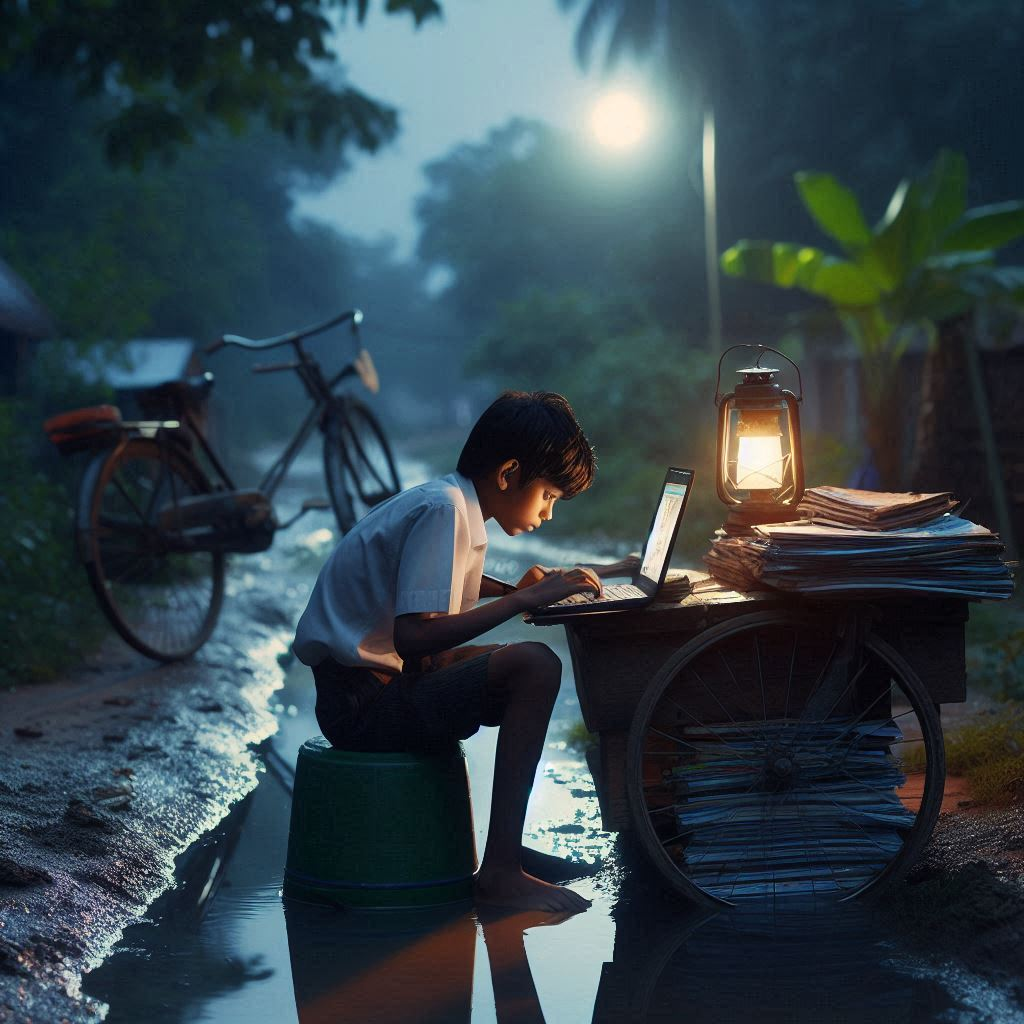 A Boy studying in the light of lantern